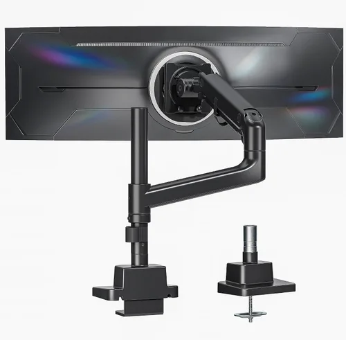 monTEK Brazo para monitor ultra ancho de 17-57 pulgadas para pantallas de hasta 59.4 libras, soporte ajustable de pantalla curva única de aluminio