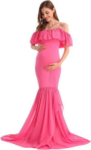 Miniatura 9 de MYRISAM Vestido de maternidad con volantes y hombros descubiertos para mujer, vestido de fiesta de sirena de gasa, vestido ajustado