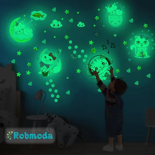 Miniatura 2 de Estrellas que brillan en la oscuridad para la habitación, adhesivos de pared/techo que brillan de gatos, calcomanías de mariposas de gatito