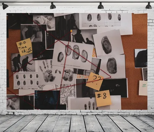 Miniatura 4 de Telón de fondo de tela de 5 x 3 pies con tema de espía de detective, suministros de juegos, decoraciones de fiesta de cumpleaños, pistas de huellas