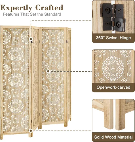 Miniatura 4 de WelFurGeer Divisor de habitación de madera hecho a mano, pantalla de privacidad plegable de 4 paneles con paneles ajustables de 360°, divisores