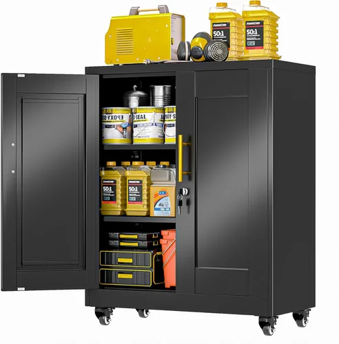 Metal Garage Storage Cabinet, 36” Rolling Wheels Tool Cabinet with Lock-2 Adjustable Shelves, Locking Storage, Steel Locker Storage Systems for Home