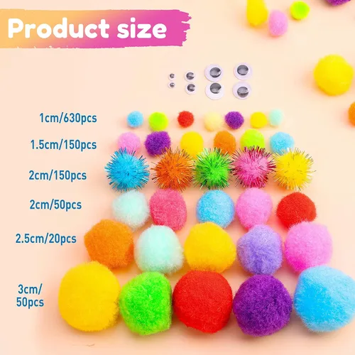 Miniatura 2 de Caydo 1200 pompones para suministros de manualidades, 1050 pompones grandes y pequeños de colores surtidos con 150 ojos saltones Multicolor
