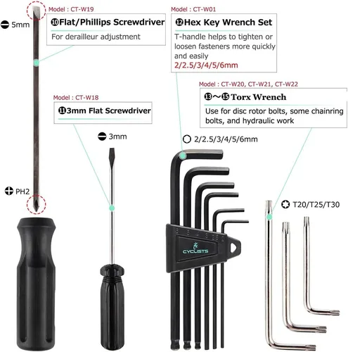 Miniatura 8 de Kit de 23 piezas de herramientas para bicicleta - Juego de herramientas de reparación de bicicletas compatible - Juego de herramientas