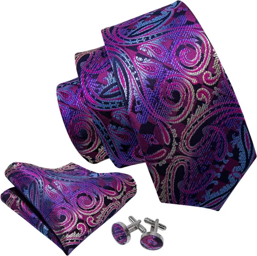 Miniatura 34 de Barry.Wang - Juego de corbata de seda para hombre, diseño de cachemira, pañuelo y gemelos de bolsillo