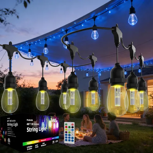 Guirnalda de luces impermeables para exteriores, 24 pies, cambio de color, luz LED para patio exterior con 12 bombillas, control remoto RGBW luces