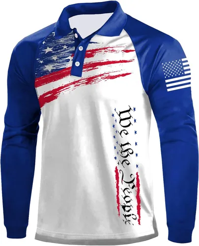 Miniatura 12 de Camisa polo de manga larga con bandera estadounidense para hombre, cuello gráfico patriótico, camiseta de golf, moderna, casual, cuello en V, tops