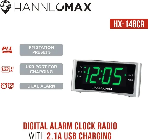 Miniatura 5 de HANNLOMAX Radio despertador HX-148CR, radio FM PLL, alarma dual, pantalla LED verde de 1.4 pulgadas, puerto USB para carga de 2.1 A, solo