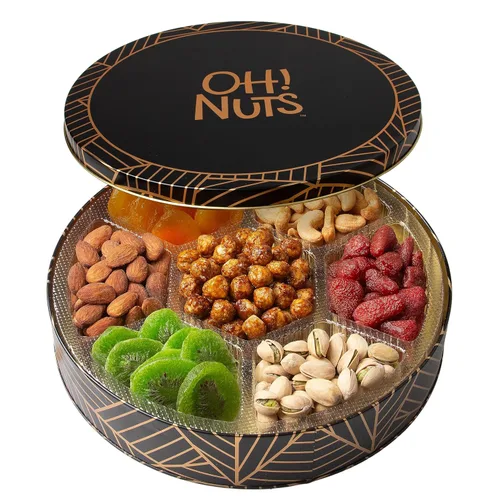 Miniatura 7 de Oh! Nuts Canasta de regalo de frutas secas y nueces de 7 secciones - Canastas de regalo de frutas y nueces gourmet surtidas - Caja redonda de metal