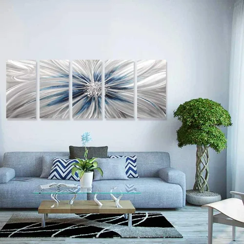 Miniatura 5 de RICHSPACE ARTS Arte moderno de pared de metal grande flor azul y plata escultura decoración con textura 3D juego de 5 piezas Azul y plateado