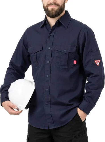 TICOMELA Camisa de soldadura FR de peso medio para hombre, 7.5oz 100% algodón NFPA 2112 CAT2 - Camisa de trabajo con botones resistente al fuego