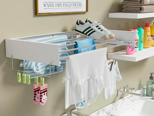 Miniatura 3 de Estante de secado de ropa oculto montado en la pared, organizador de lavandería extraíble con 5 varillas de acero inoxidable, plegable y plegable A