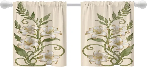 Miniatura 18 de Shrahala Art Nouveau Floral Pattern Blackout Curtain Tiers, Delicate Vine and Flower Design Kitchen Valance Light Blocking Tier Drapes with Rod