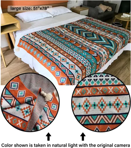 Miniatura 4 de Manta bohemia para el hogar, suave y que no se desprende, azul y naranja, acogedora manta ligera para todas las estaciones para uso en interiores