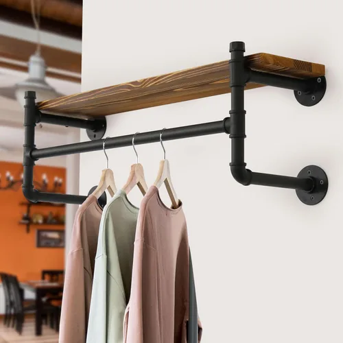 Miniatura 5 de WEBI Perchero de pared con estante, perchero industrial de 24 pulgadas con estantes, barra de ropa de hierro resistente, barra de ropa de exhibición