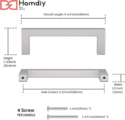 Miniatura 2 de homdiy Paquete de 1 tirador de gabinete de níquel cepillado de 3-3/4 pulgadas, manijas cuadradas de acero inoxidable para puerta de armario