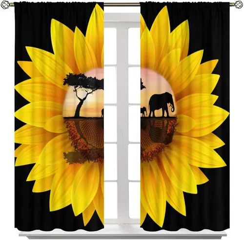 Miniatura 8 de Cortinas opacas de girasoles amarillos, vida silvestre, puesta de sol, tropical, sabana, safari, elefantes, estampado artístico, para decoración