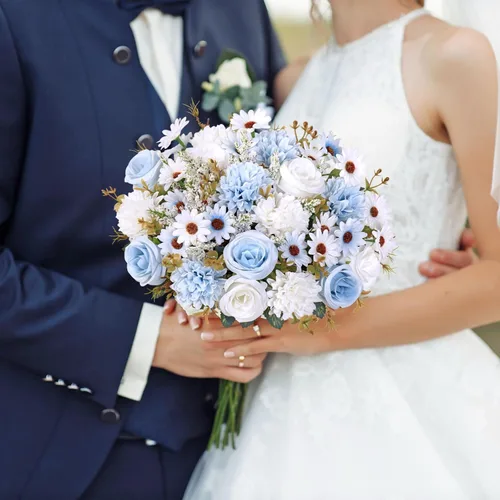 Miniatura 7 de Dremisland Fake Flower Bouquets,2 Packs Silk Rose Daisy Bouquet Artificial Flower Arrangement Realistic Rose Bouquets for Centerpiece Table Wedding
