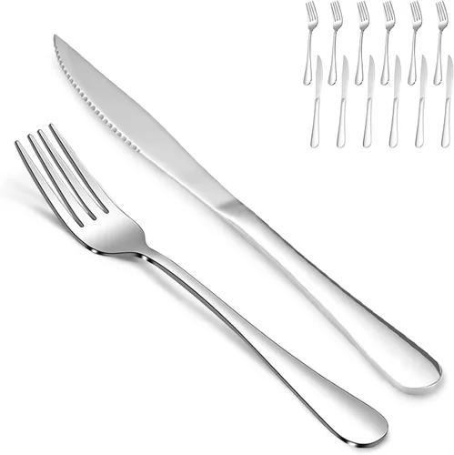 Miniatura 10 de SANTUO Juego de cubiertos de acero inoxidable de 12 piezas para cena, incluye 4 cuchillos de cena, 4 tenedores de cena, 4 cucharas de cena, juego
