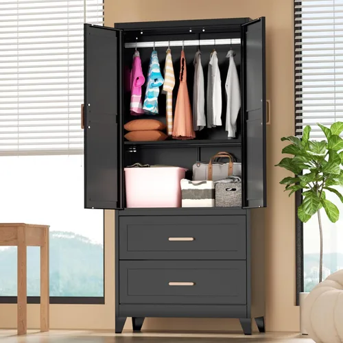 Miniatura 2 de Greenvelly Metal Storage Wardrobe Cabinet with Lock, Metal Wardrobe Closet with Doors and Shelves, Modern Clothes Closet for Office, Bedroom and
