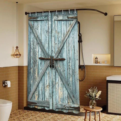Miniatura 35 de Cortina de ducha de puerta de granero de madera rústica, 60 x 70 pulgadas, beige