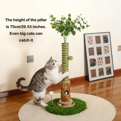 Miniatura 7 de Poste rascador interactivo para gatos de 35 pulgadas de alto con hojas de eucalipto artificiales, árbol para gatos con bolas de madera y cuerda