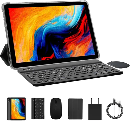 PRITOM Tablet Android 15 de 10 pulgadas, Octa-Core, WiFi 5Ghz, pantalla IPS HD, tabletas de 64 GB con teclado, una funda personalizada, cargador y