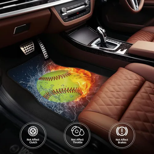 Miniatura 4 de Juego de 4 alfombrillas para piso de automóvil, softbol, béisbol en fuego y agua, estampadas, almohadillas para pies, impermeables, antideslizantes