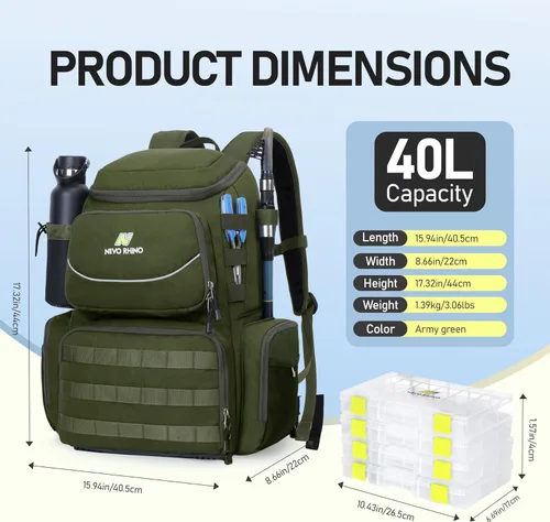 Miniatura 2 de N NEVO RHINO Mochila de aparejos de pesca con soportes para caña, bolsa de pesca grande de 40 L con cubierta impermeable para lluvia, bolsa