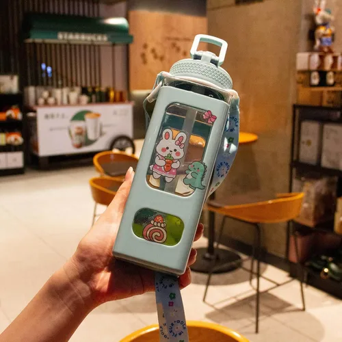 Miniatura 2 de Botella de agua Kawaii para niños, lindas botellas de agua con pajilla, botella portátil cuadrada para beber, jarra de agua a prueba de fugas