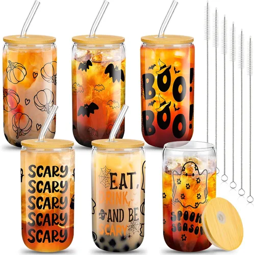 meekoo 6 tazas de vidrio de Halloween de 16 onzas, tazas de café helado, calabazas, murciélagos, fantasmas, vasos de cerveza con tapas y pajitas,
