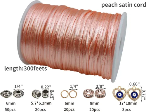 Miniatura 2 de Cordón de satén melocotón de 0.098 in, cuerda de nailon de 300 pies, cordón de seda de raso satinado para hacer joyas, pulseras trenzadas, collares