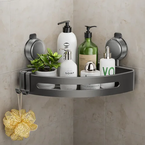 Miniatura 10 de Organizador de ducha esquinero, con ventosa y ganchos, organizador de baño de aluminio inoxidable sin perforaciones, estantes para decoración