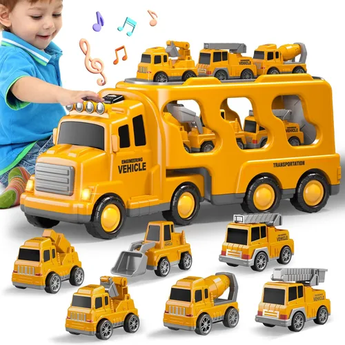 Miniatura 14 de Beby Buty Camiones de Construcción 5 en 1 para Niños de 3-5 años, Juguetes de Coches y Camiones para Niños Pequeños con Luz y Sonido, Incluye Grúa