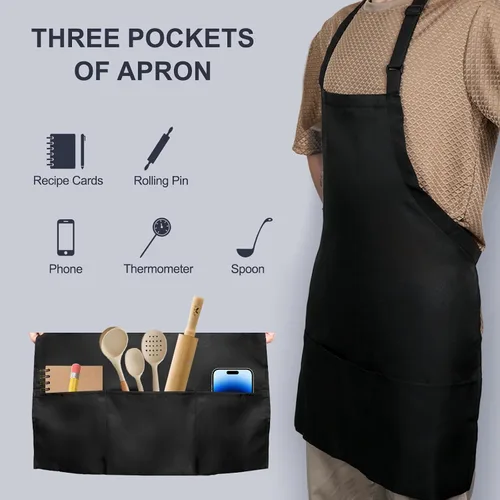 Miniatura 4 de Delantal de chef para hombre y delantal de servidor para mujer con 3 bolsillos, delantales negros para cocinar a la parrilla, unisex