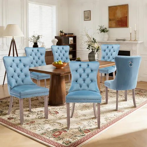 Miniatura 82 de Juego de 4 sillas de comedor de terciopelo, sillas de comedor tapizadas con ribete de cabeza de clavo y patas de madera maciza para cocina