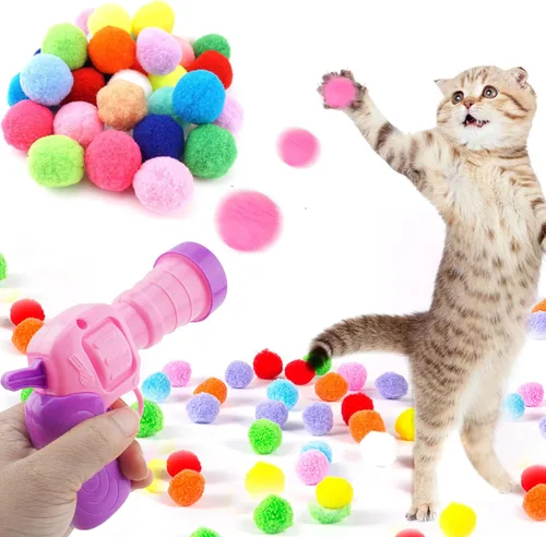 Miniatura 12 de Dorhui Lanzador de pistola de juguete para gatos, 30 bolas de pompones brillantes y lanzador de bolas de gato, disparador de pistola de juguete
