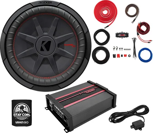 KICKER Subwoofer y amplificador Paquete de 3 artículos: 12 pulgadas CompRT 1000 W Max Sub, amplificador monobloque DS18 Clase D y kit completo de