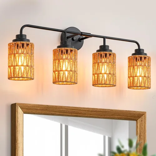 Miniatura 11 de Lámparas de baño bohemias, luces rústicas de tocador de 2 luces sobre el espejo, iluminación de ratán de granja con persianas tejidas a mano