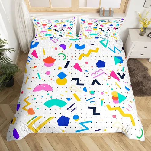 Miniatura 23 de Juego de funda de edredón retro de los años 80 y 90 para hombres y niños, tamaño matrimonial, con formas geométricas redondas triangulares, funda