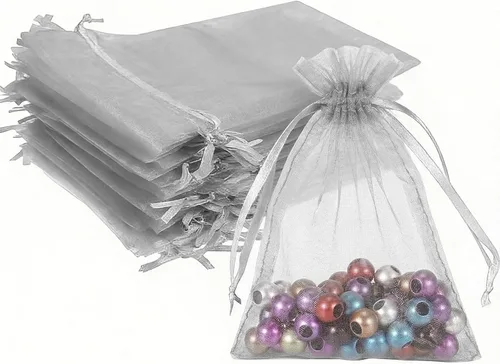 Wudygirl 100 bolsas de organza gris transparente de 5 x 7 pulgadas con cordón transparente, bolsas de joyería para fiestas, bodas, vacaciones,