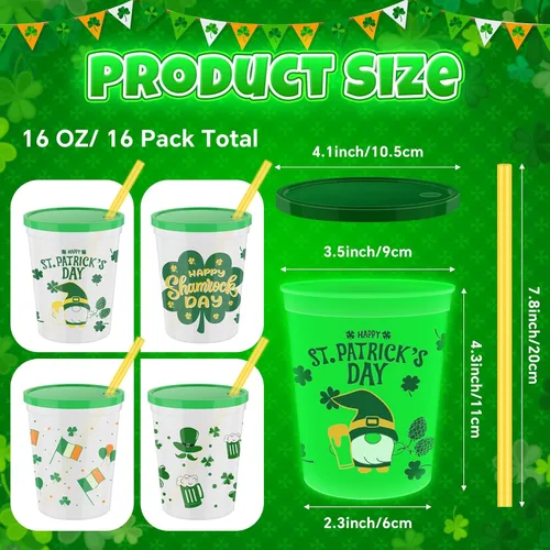 Miniatura 2 de 16 juegos de decoración de fiesta del Día de San Patricio, tazas que brillan en la oscuridad con popote y tapa, vaso de plástico esmerilado de 16