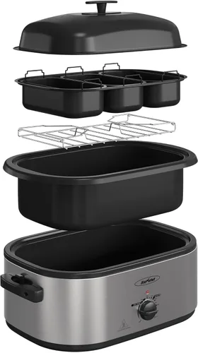 Miniatura 8 de Horno tostador eléctrico Sunvivi, horno de asado de pavo de 24 cuartos con servidor buffet de 3 compartimentos, control de temperatura de rango