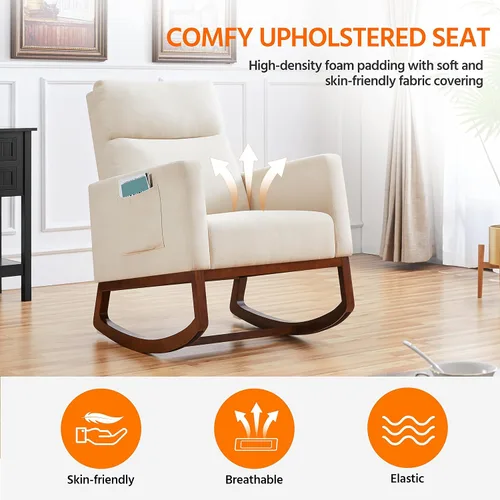 Miniatura 7 de Yaheetech Mecedora tapizada para cuarto de bebé, con patas de madera de goma, bolsillo lateral, sillón con respaldo alto para sala de estar, Beige