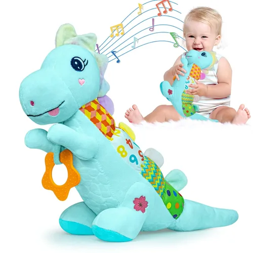 Juguetes Musicales de Peluche de Dinosaurio Bebé para 0-3-6-9-12 Meses, Juguetes de Dinosaurio para Tiempo Boca Abajo de Bebés con Papel Crujiente,