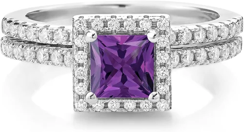 Miniatura 9 de 925 Sterling Silver Halo Bridal Ring Band Set for Women 5MM Princess Cut Gemstone Birthstone with Round White Moissanite Accents Wedding