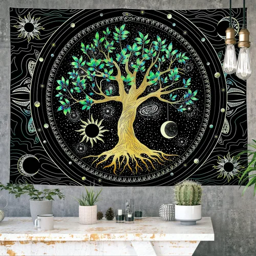 Miniatura 5 de Tapiz para dormitorio, estético, árbol de la vida, con luz negra, reactivo a los rayos UV, tapiz psicodélico, colorido tapiz de pared, sol, luna