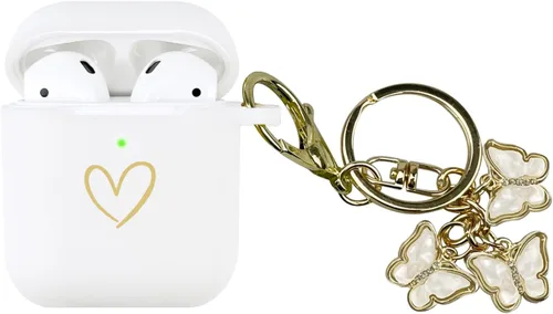 Miniatura 14 de Funda compatible con AirPods, funda de silicona suave con patrón de corazón dorado para AirPods de 2 y 1 generación con bonito llavero de mariposa