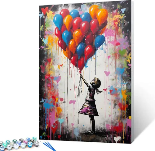Tucocoo Kits de pintura de globos coloridos por números con pinceles y pigmento acrílico sobre lienzo para adultos, cuadro de calle Banksy Little