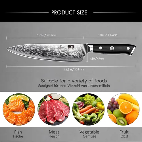 Miniatura 5 de SHAN ZU - Cuchillo de chef de 8 pulgadas de acero damasceno japonés, cuchillos de cocina profesionales, cuchillo de cocina de alta calidad de acero